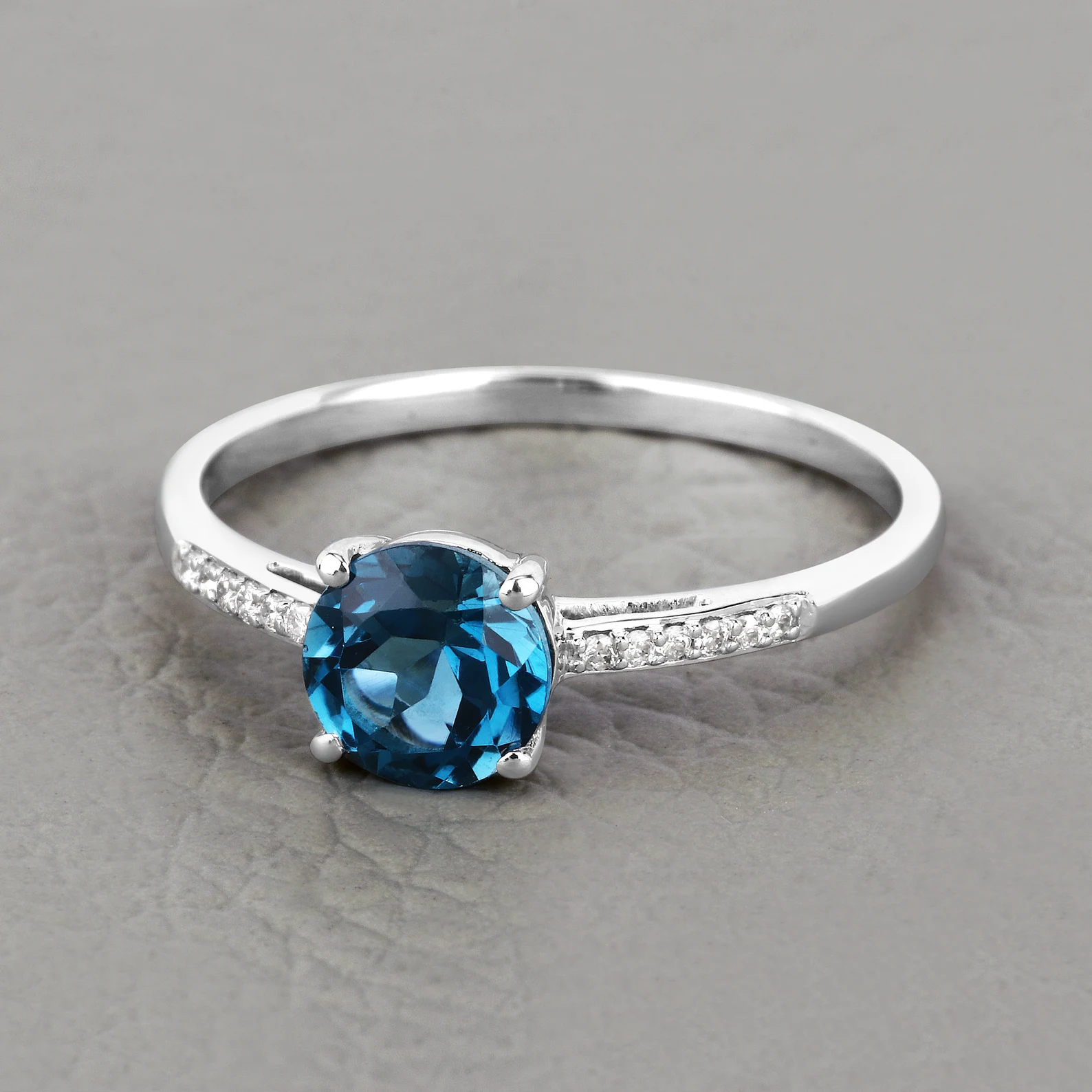 London Blue Topaz and 12 White Diamonds Engagement Ring in 14K White Gold 