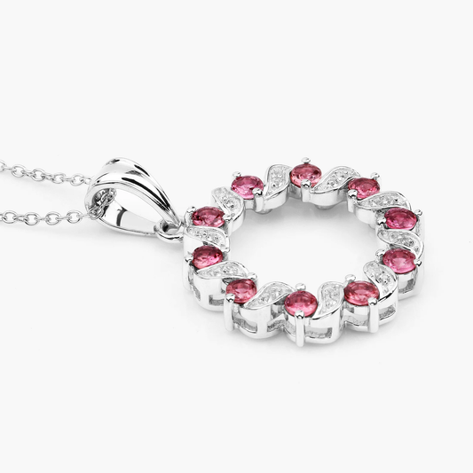 Pink Tourmaline and White Topaz Circle Pendant in .925 Sterling Silver, October Birthday gift For Her 