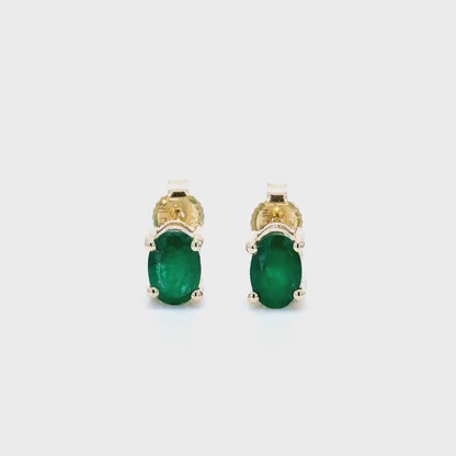 Oval Zambian Emerald Solitaire Stud Earrings in 14K Yellow Gold