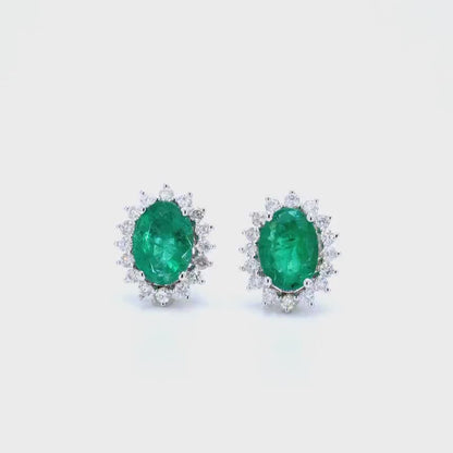 Halo Oval Zambian Emerald and 32 White Diamonds Stud Earrings in 14K White Gold