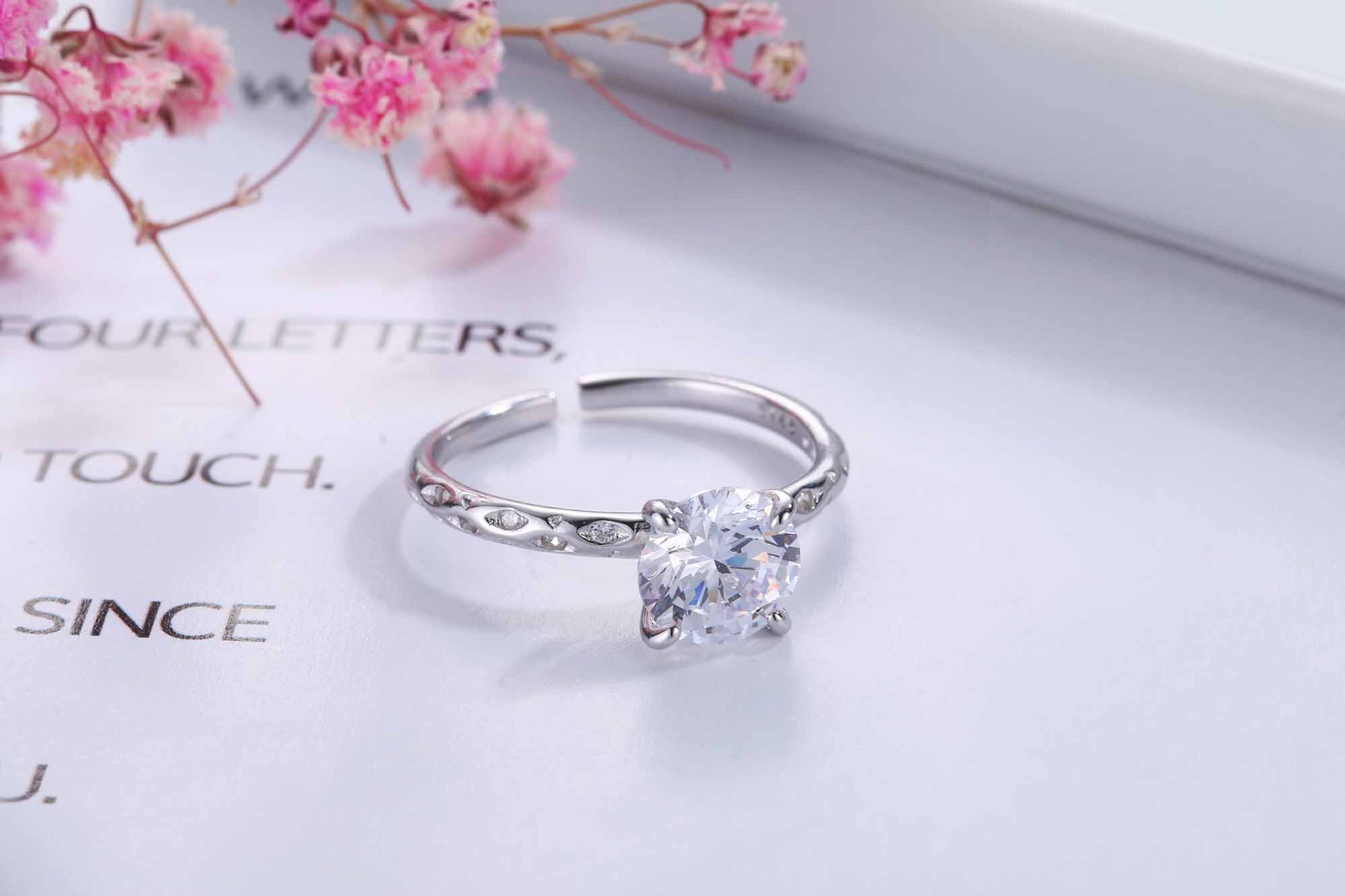 Simple Round CZ 925 Sterling Silver Adjustable Statement Ring 