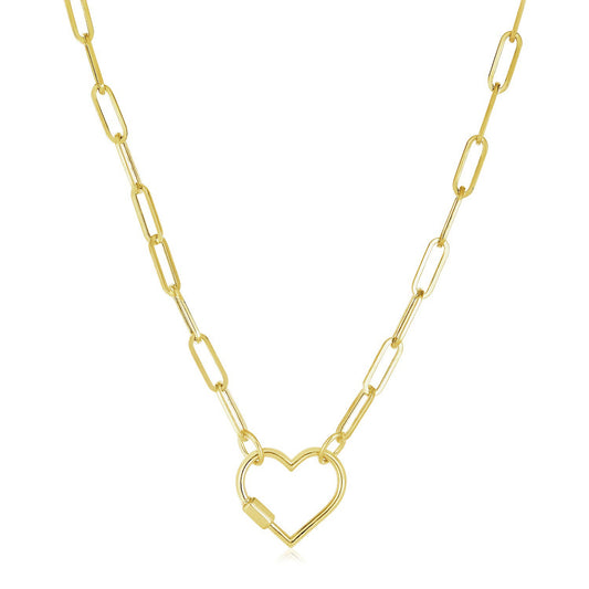 14k Yellow Gold Paperclip Chain Necklace with Heart Carabiner Clasp 