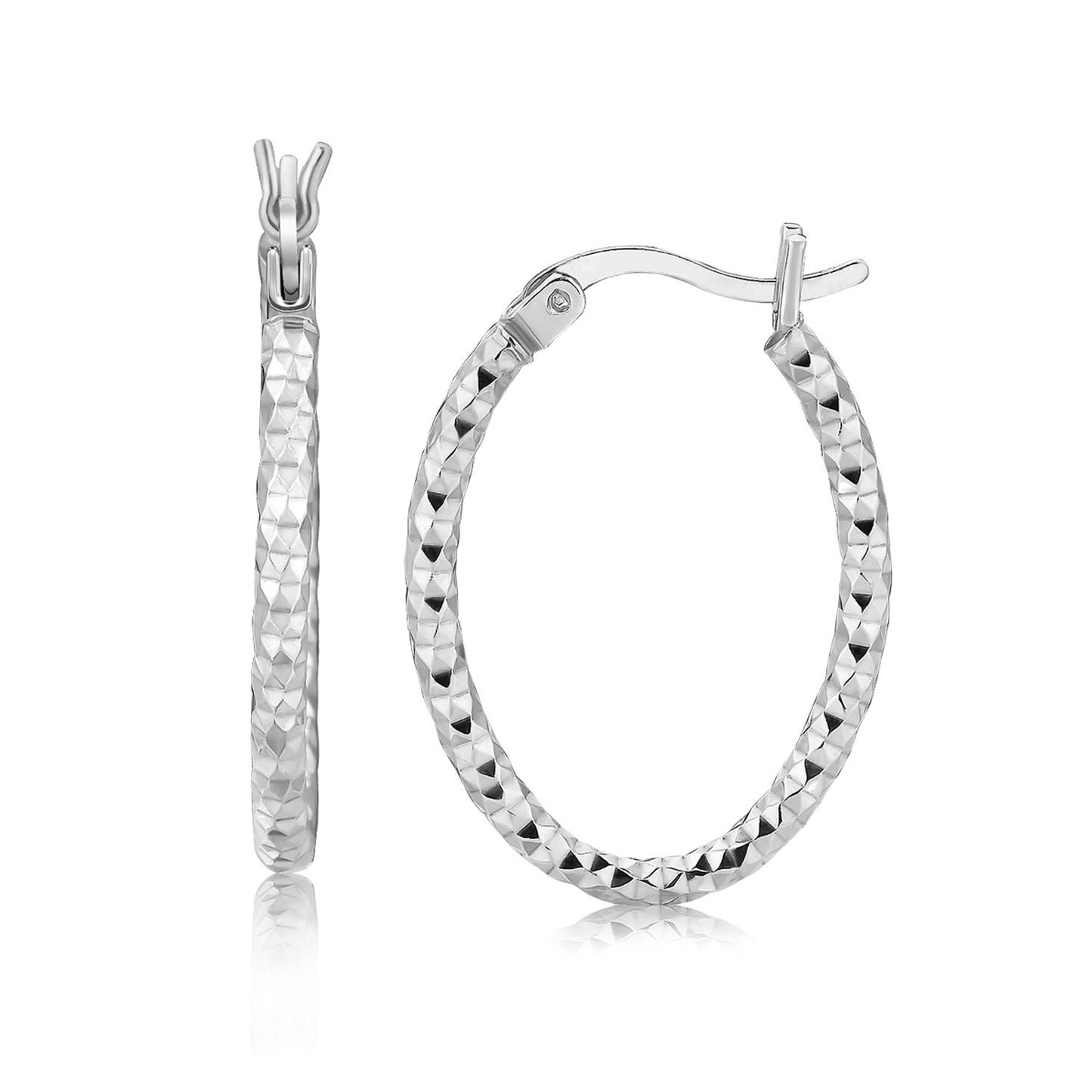 Sterling Silver Hoop Diamond Cut Texture Earrings with Rhodium Plating 