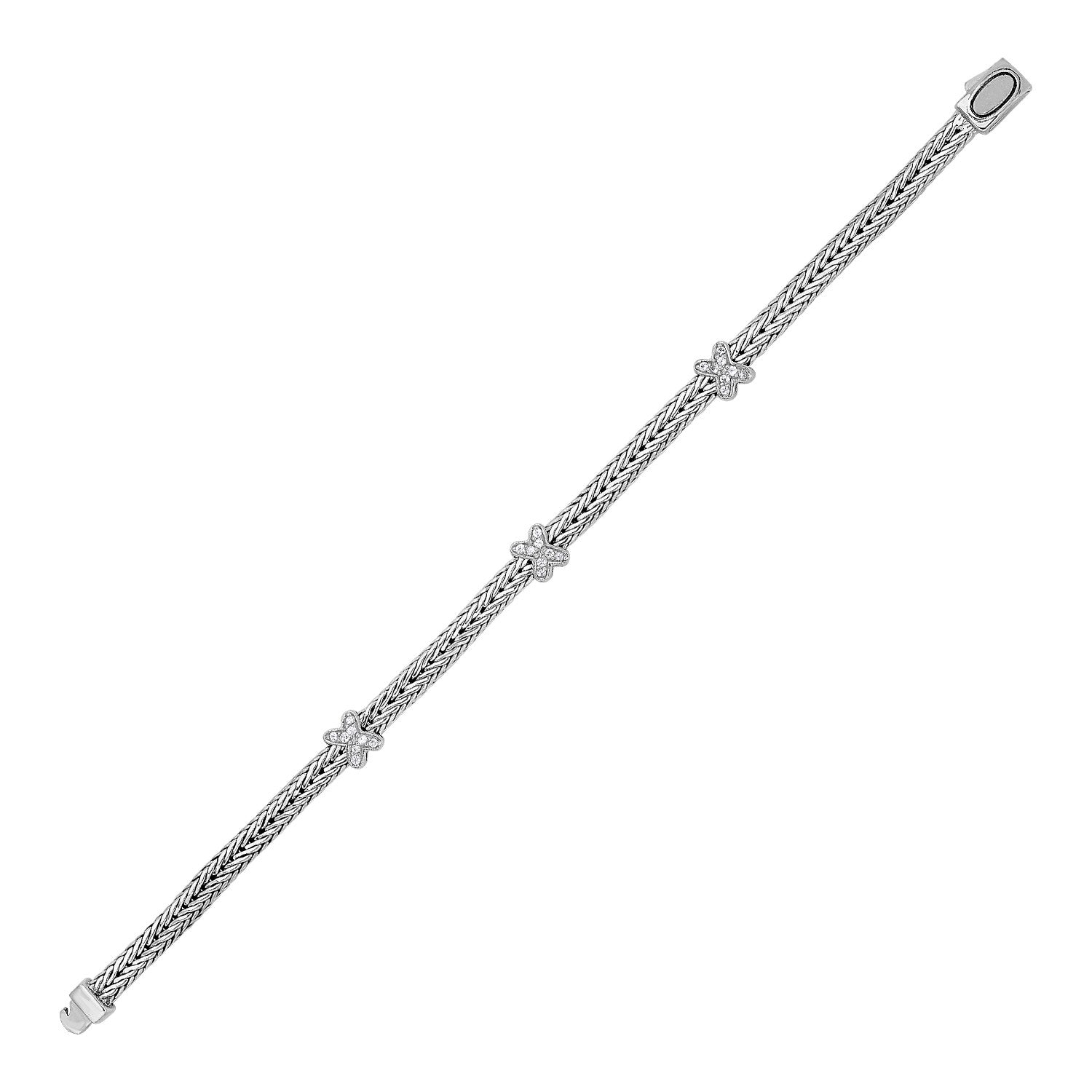 Woven Rope Bracelet with White Sapphire X Accents in Sterling Silver 