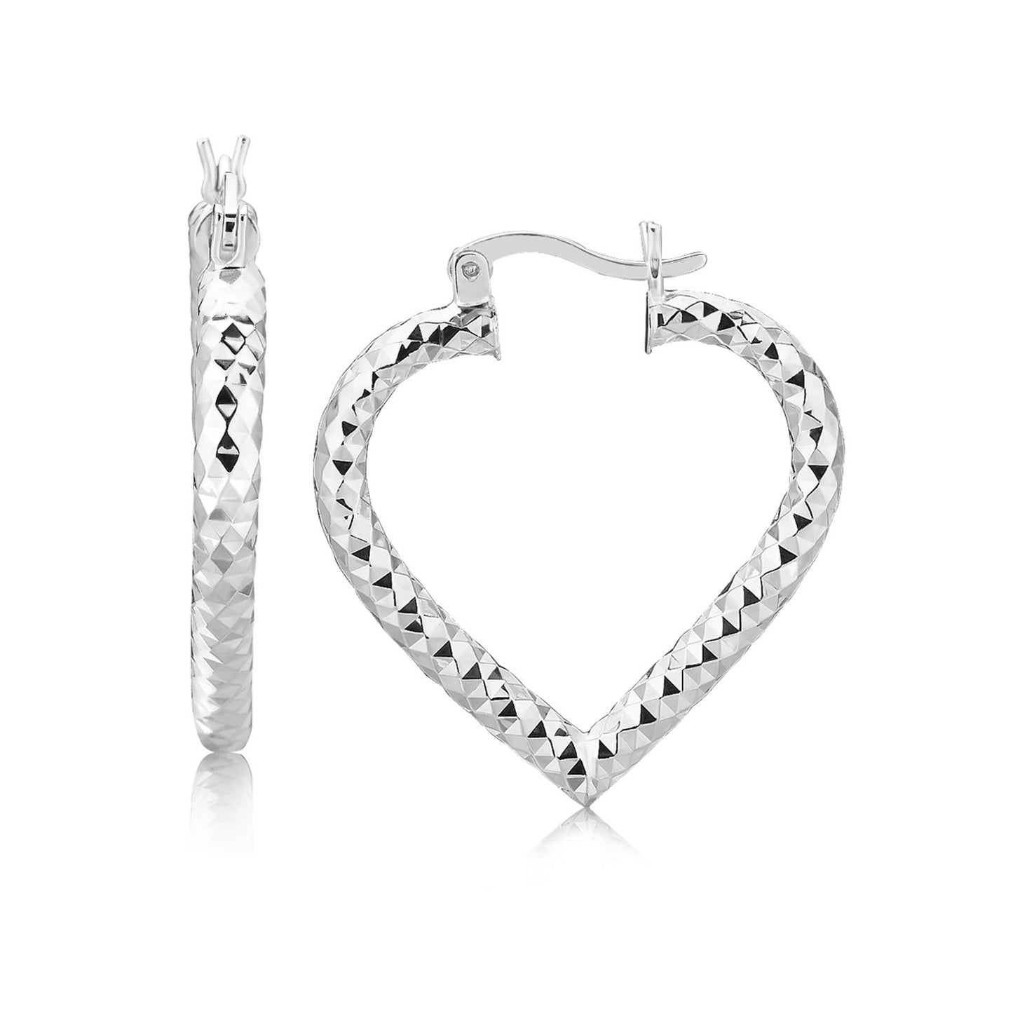 Sterling Silver Rhodium Plated Heart Style Hoop Diamond Cut Earrings 