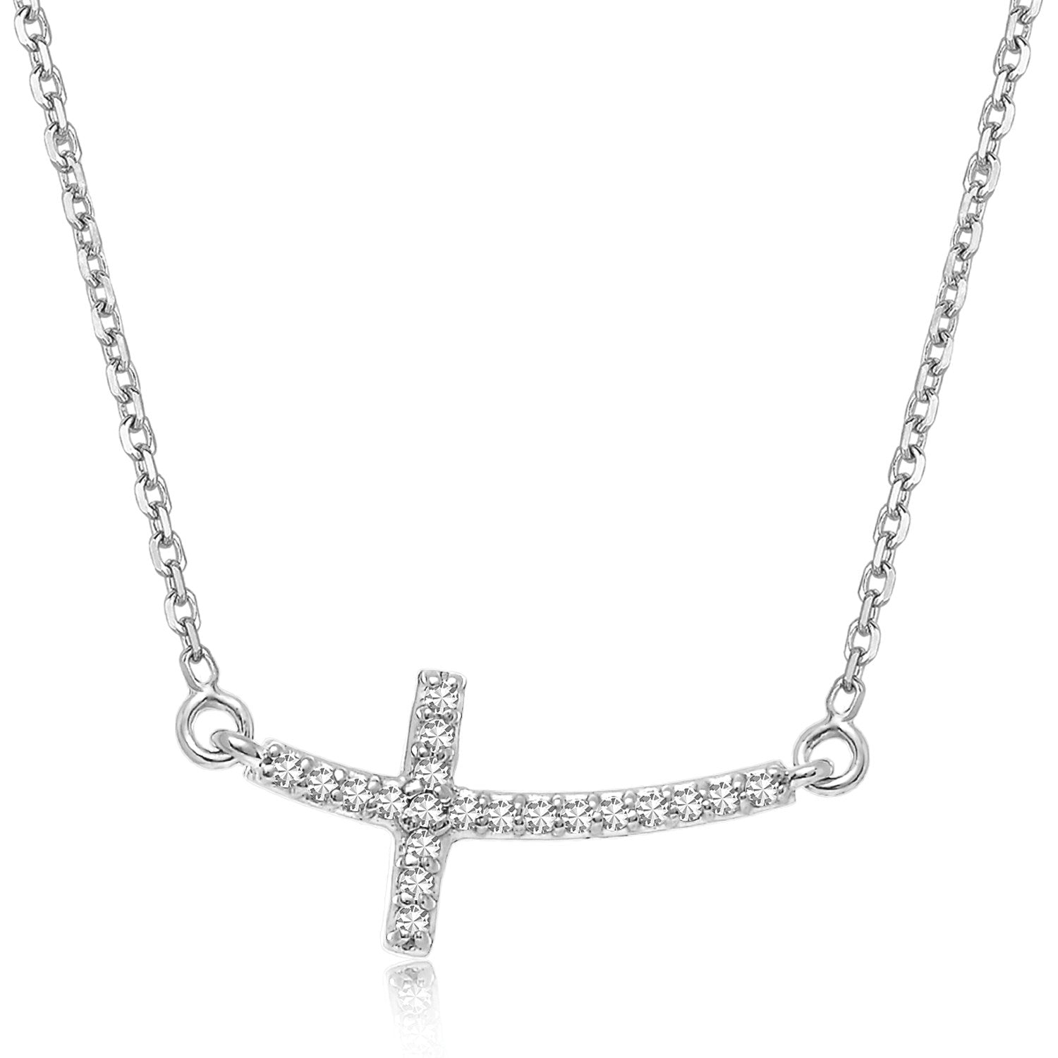 14k White Gold Curved Cross Diamond Studded Necklace (.11cttw) 