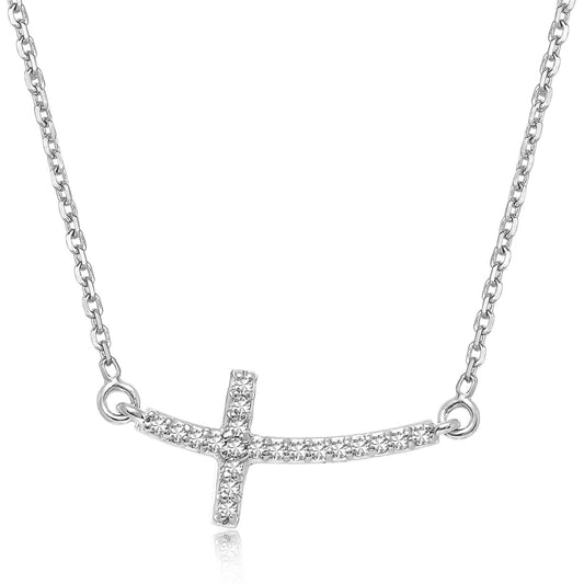 14k White Gold Curved Cross Diamond Studded Necklace (.11cttw) 