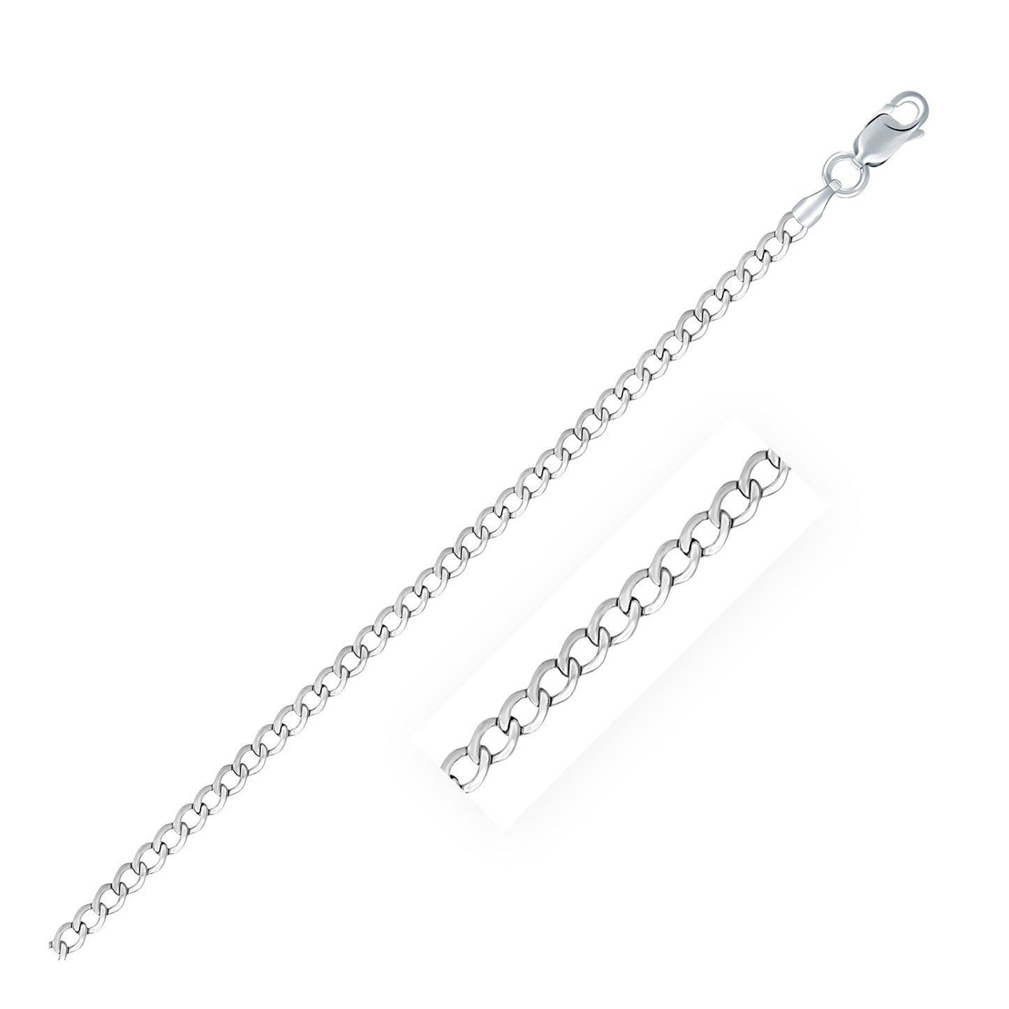 Rhodium Plated 3.0mm Sterling Silver Curb Style Chain 