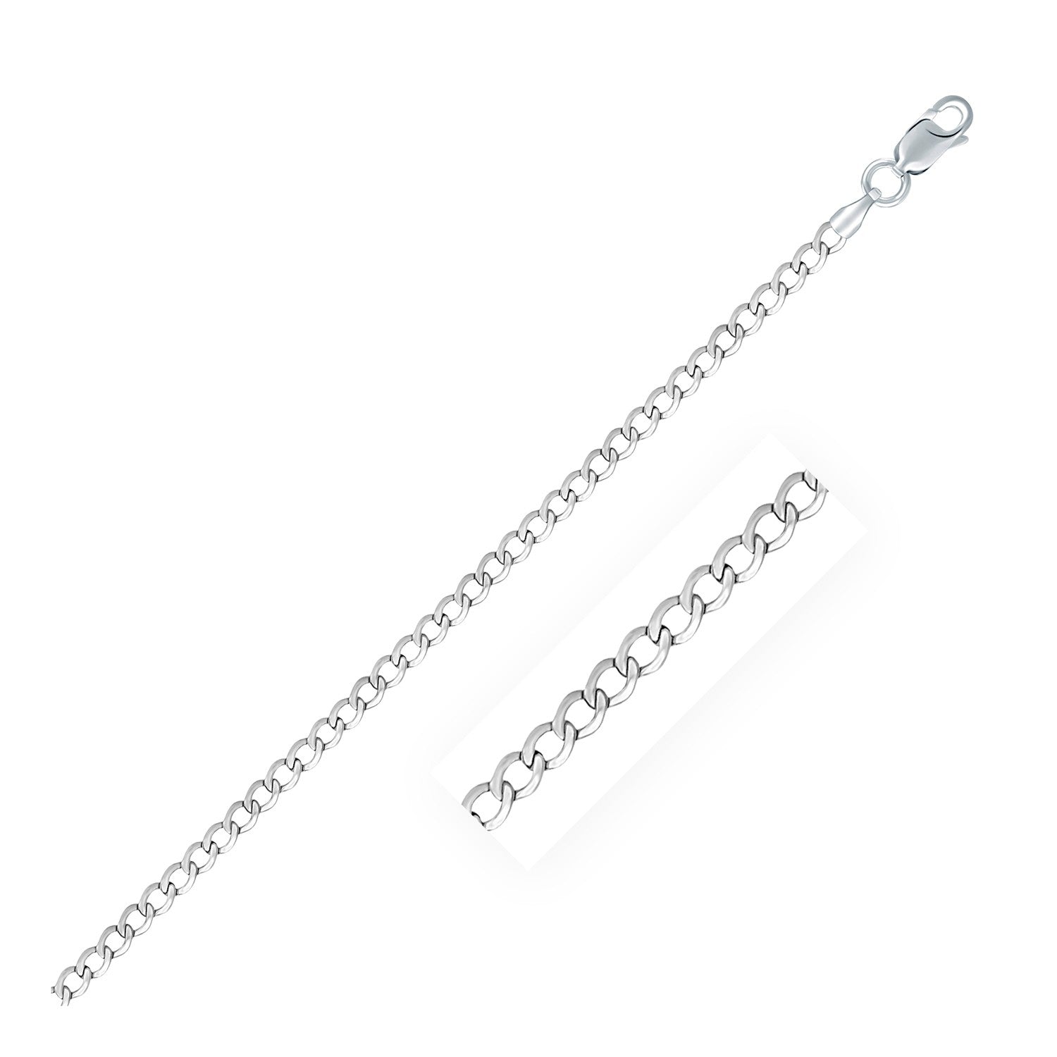 Rhodium Plated 3.0mm Sterling Silver Curb Style Chain 