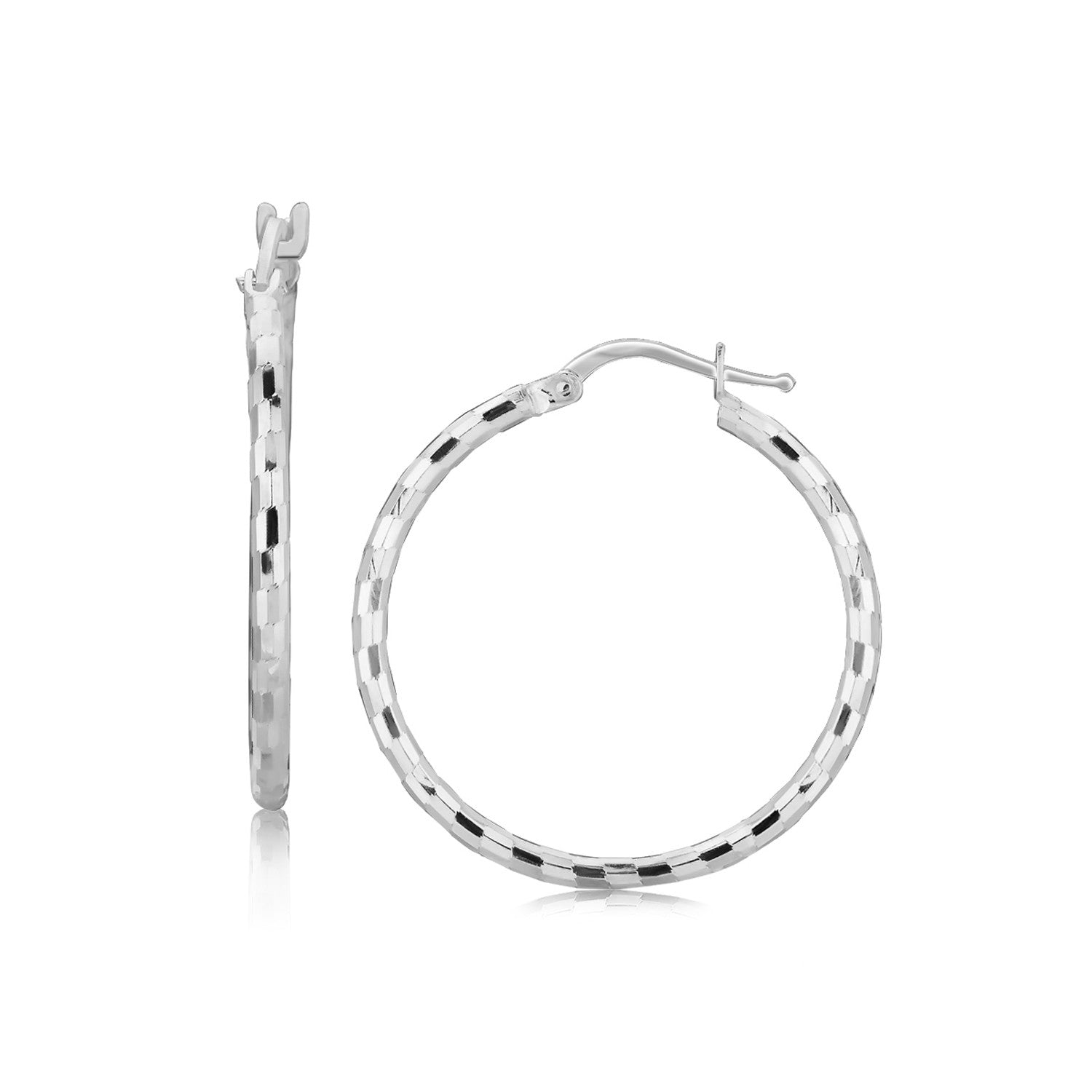 Sterling Silver Hoop Design Diamond Cut Earrings with Rhodium Plating (26mm) 