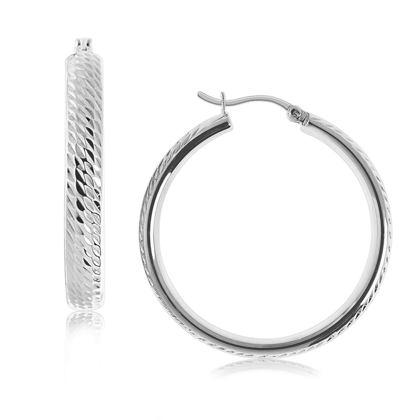 Sterling Silver Rhodium Plated Hoop Marquise Motif Diamond Cut  Earrings (30mm) 