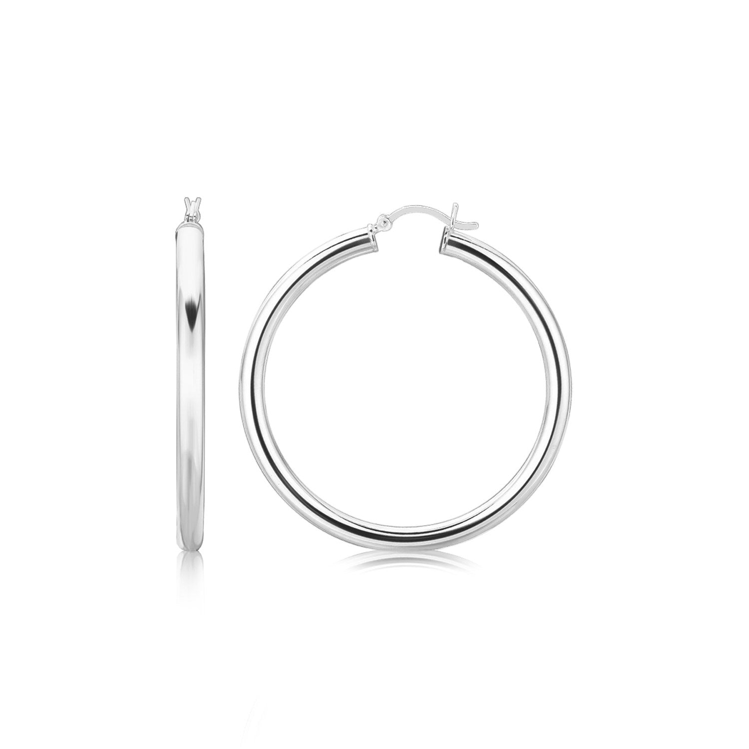 Sterling Silver Rhodium Plated Thick Large Polished Hoop Design Earrings (40mm) 