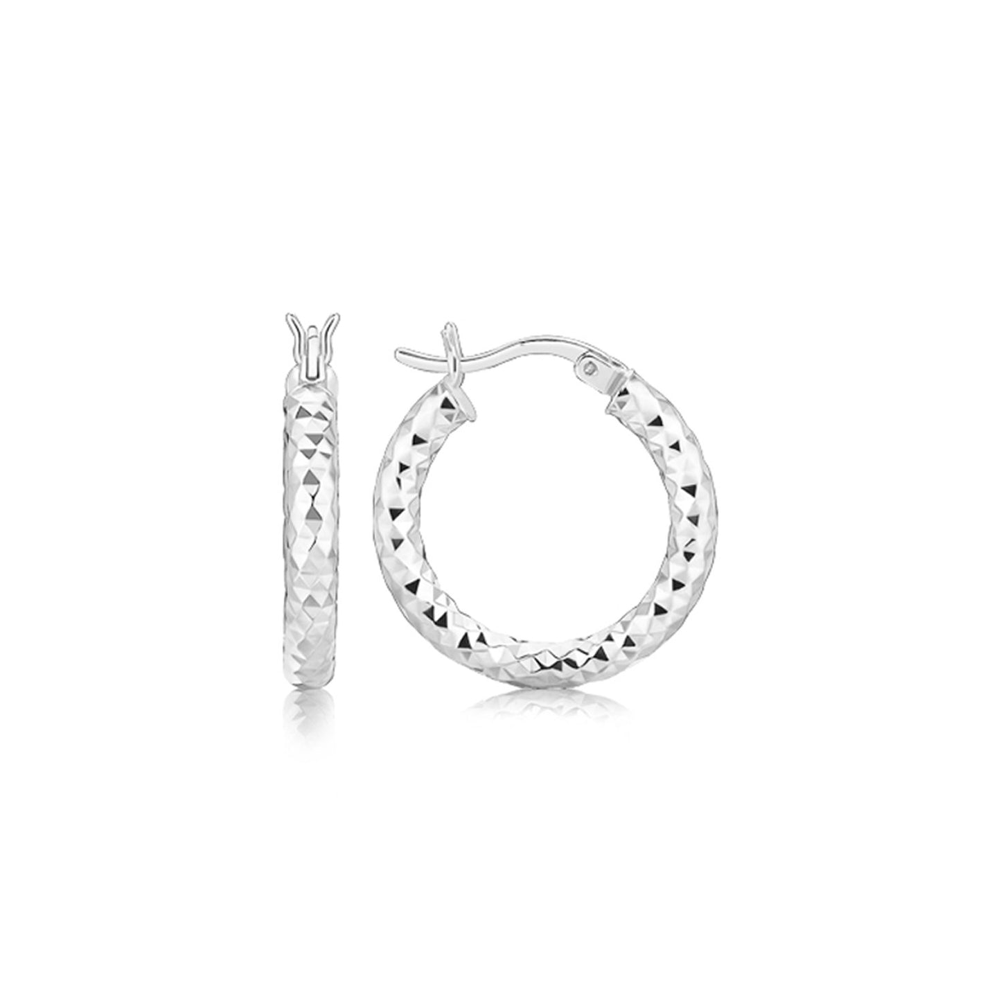 Sterling Silver Polished Rhodium Plated Faceted Hoop Style Earrings 