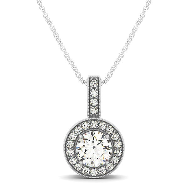 Milgrain Edge Diamond Halo Pendant in 14k White Gold (5/8 cttw) 