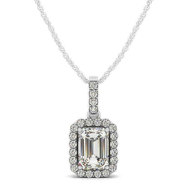 Halo Pendant With Emerald Center Diamond in 14k White Gold (1 1/5 cttw) 