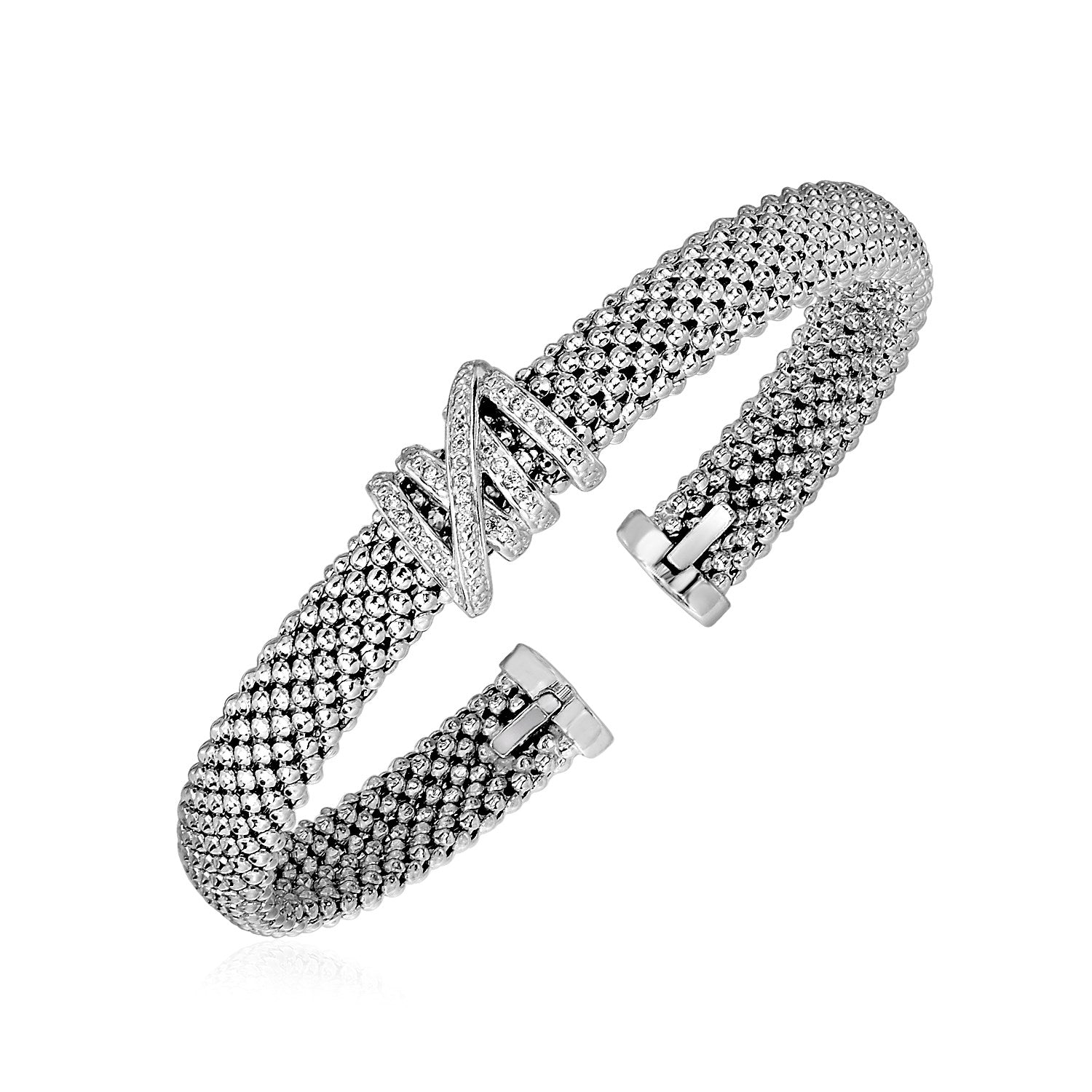 Popcorn Texture Cuff Bangle with Diamonds in Sterling Silver 