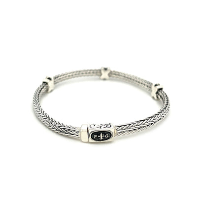 Woven Rope Bracelet with Black Sapphire X Accents in Sterling Silver 