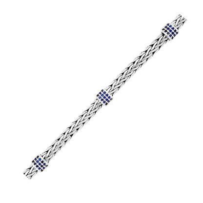 Sterling Silver Woven Bracelet with Blue Sapphire Stations 