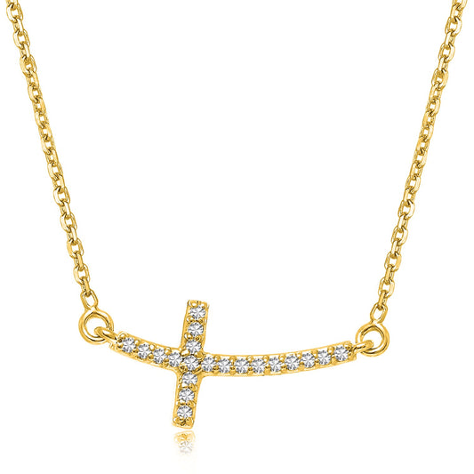 14k Yellow Gold Diamond Accented Curved Cross Necklace (.11cttw) 