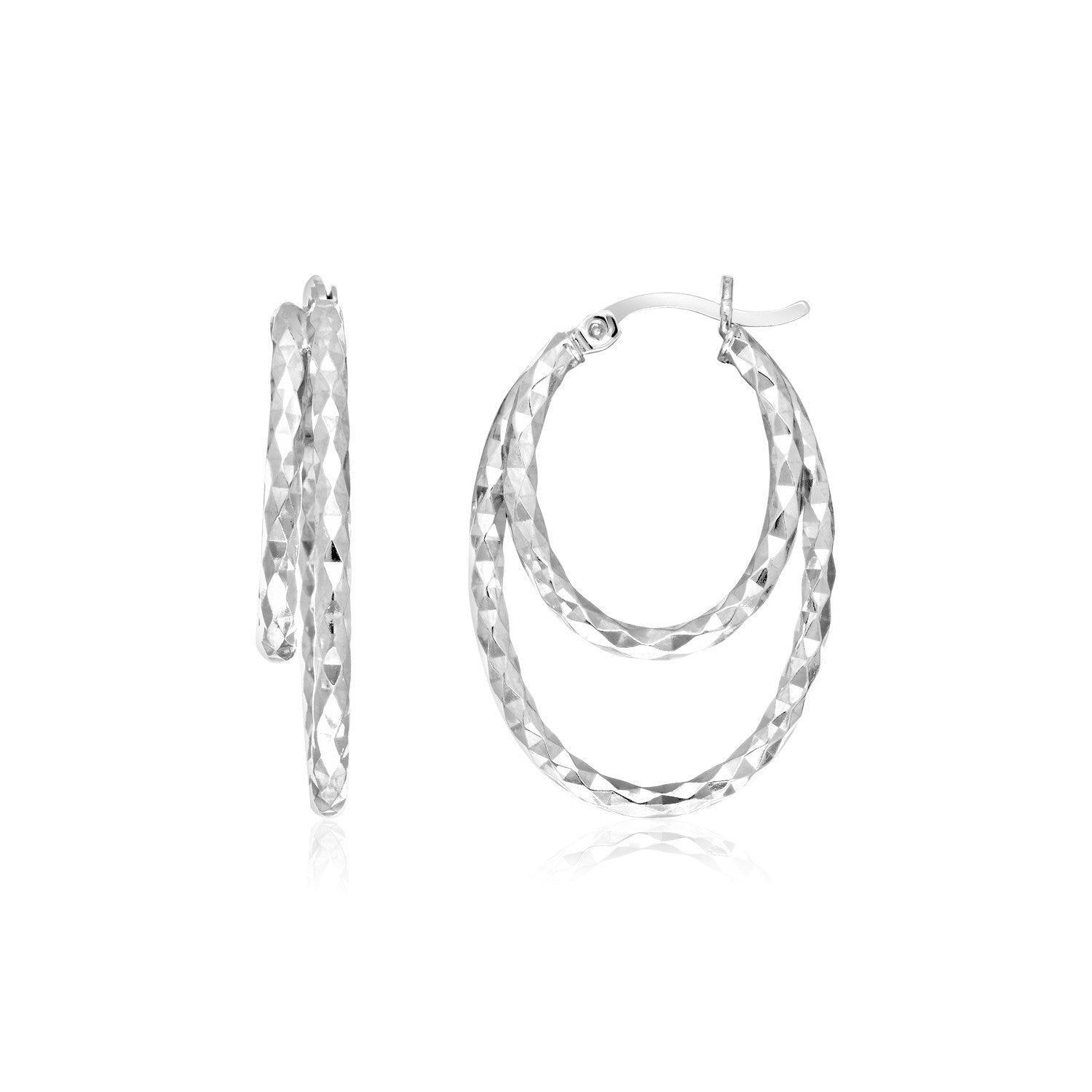 Sterling Silver Double Oval Textured Hoop Earrings 