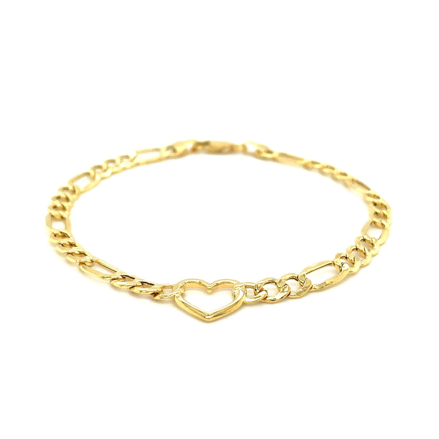 14k Yellow Gold 7 inch Figaro Chain Bracelet with Heart 