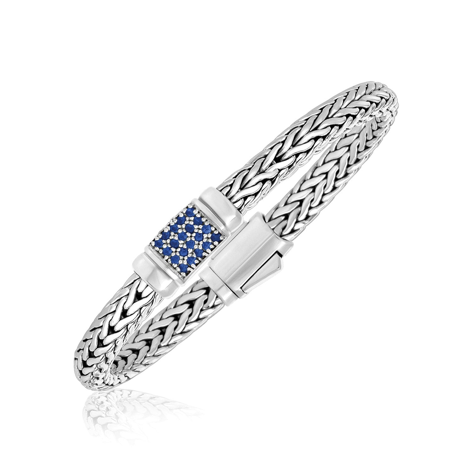 Sterling Silver Weave Motif Bracelet with Blue Sapphire Embellishments 