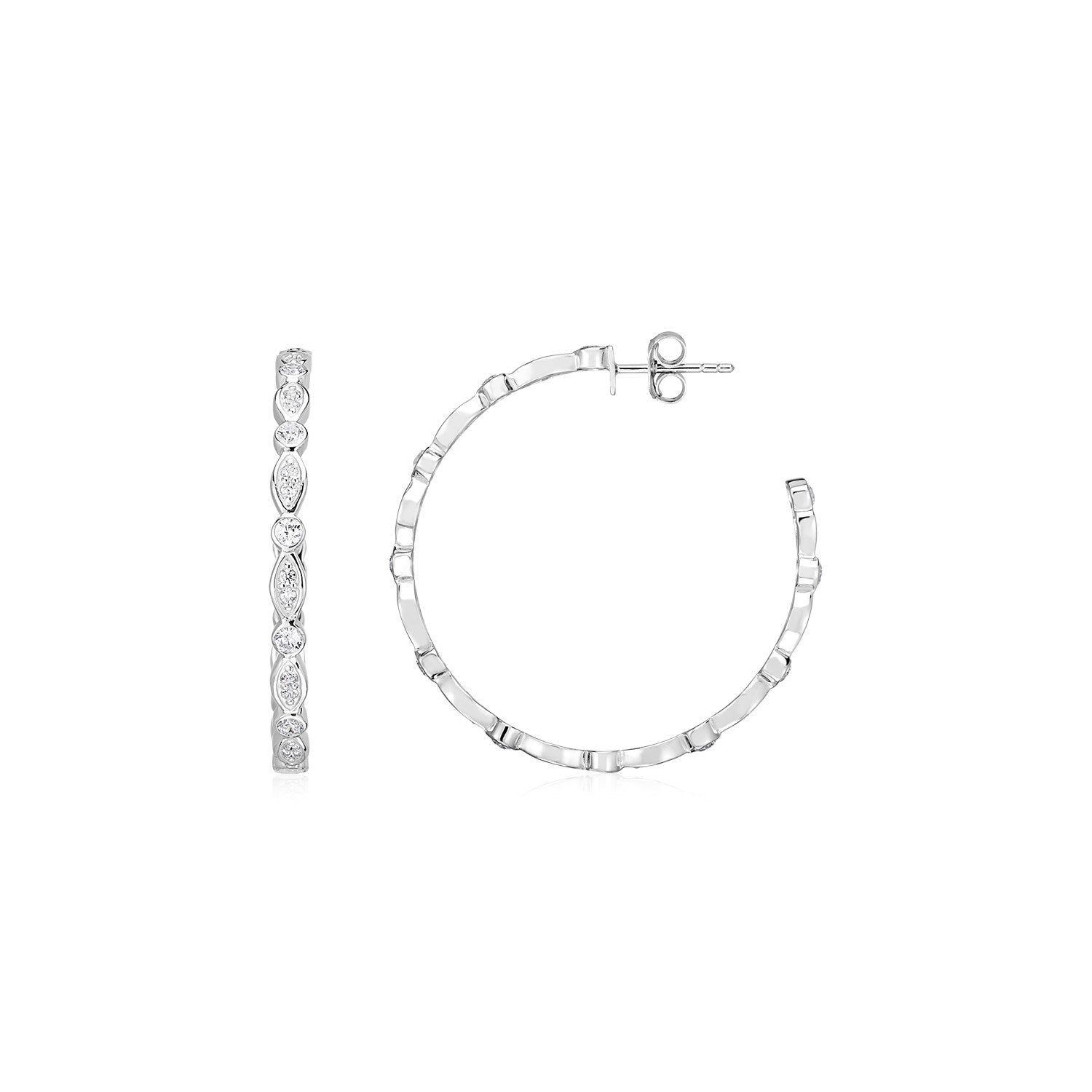 Sterling Silver Hoop Earrings with Round and Marquise Cubic Zirconias 