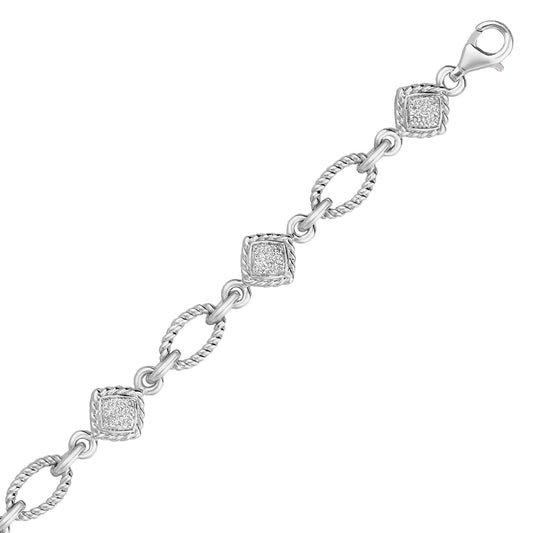 Sterling Silver Cable Oval and Square Link Bracelet with Diamonds (1/4 cttw) 