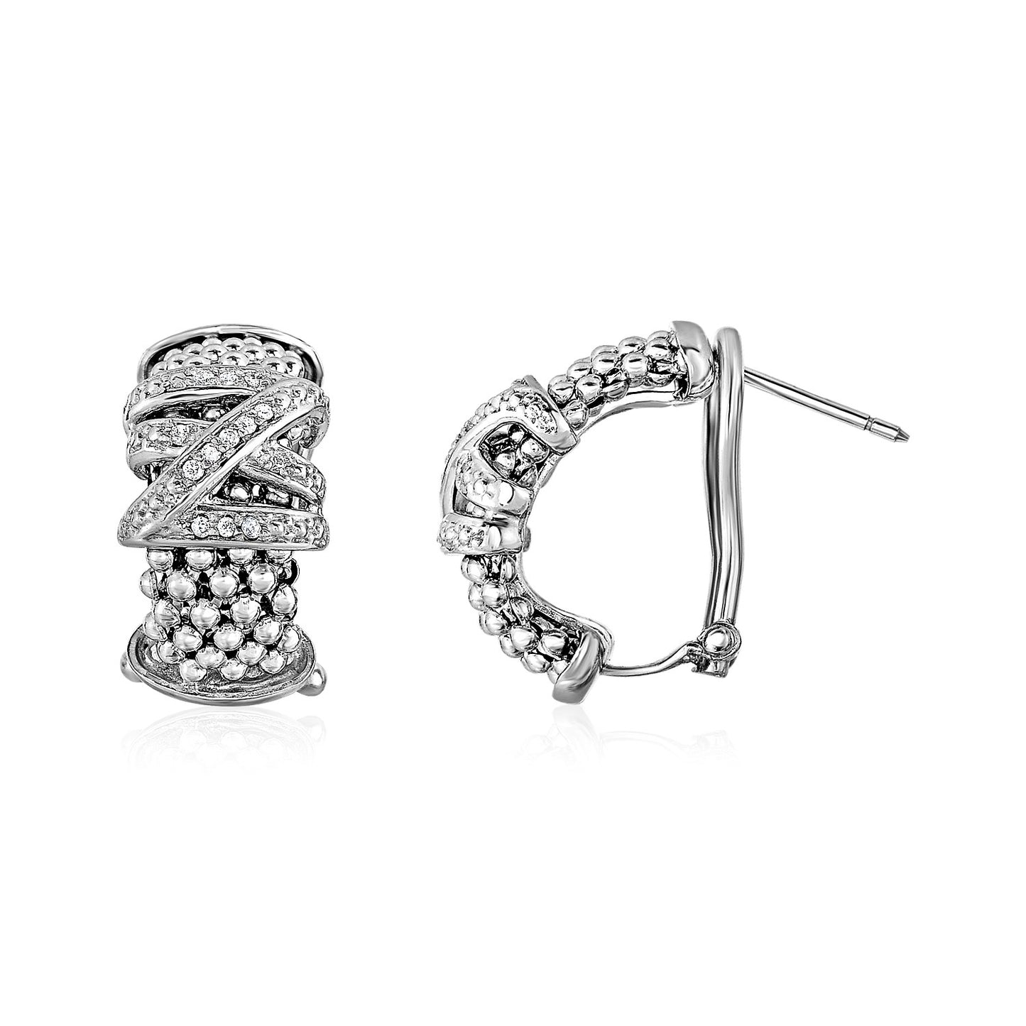 Popcorn Texture Earrings with Crossover Motif and Diamonds in Sterling Silver 