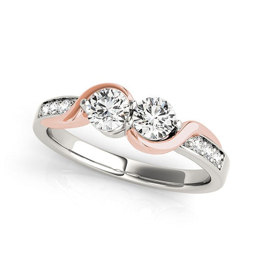 14k White And Rose Gold Round Two Diamond Curved Band Ring (5/8 cttw) 