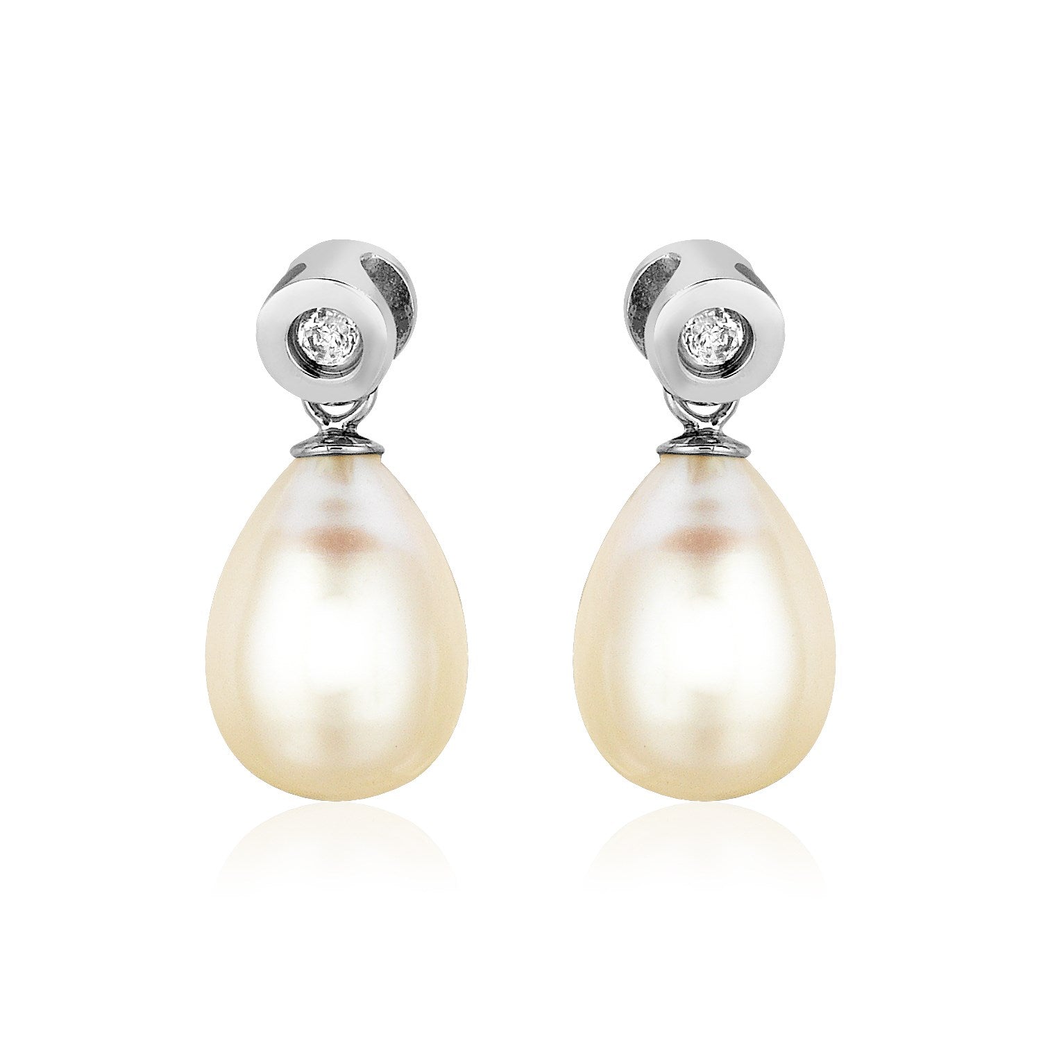 Sterling Silver Earrings with Pear Shaped Freshwater Pearls and Cubic Zirconias 