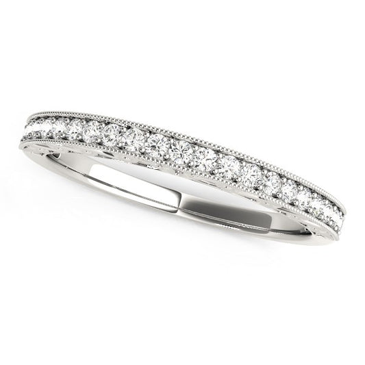 14k White Gold Milgrain Bordered Round Diamond Wedding Band Ring (1/6 cttw) 