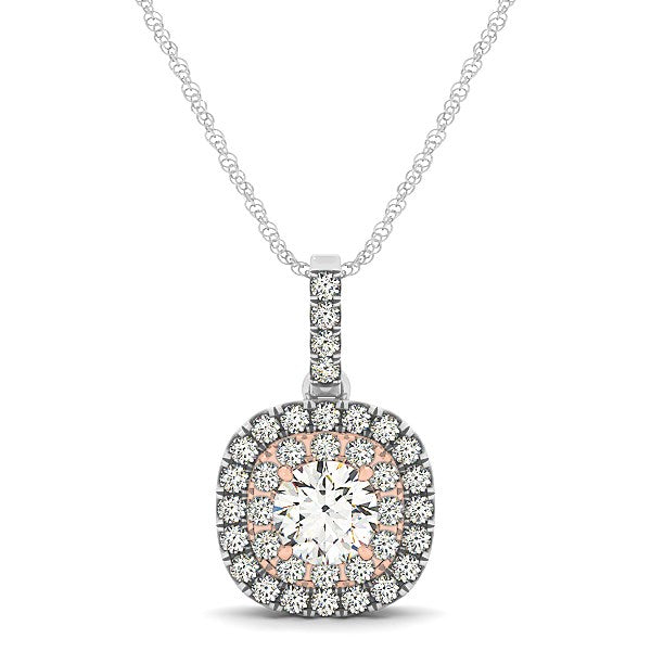 14k White And Rose Gold Cushion Shape Halo Diamond Pendant (1/2 cttw) 