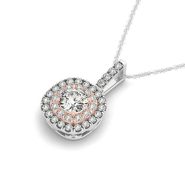 14k White And Rose Gold Cushion Shape Halo Diamond Pendant (1/2 cttw) 