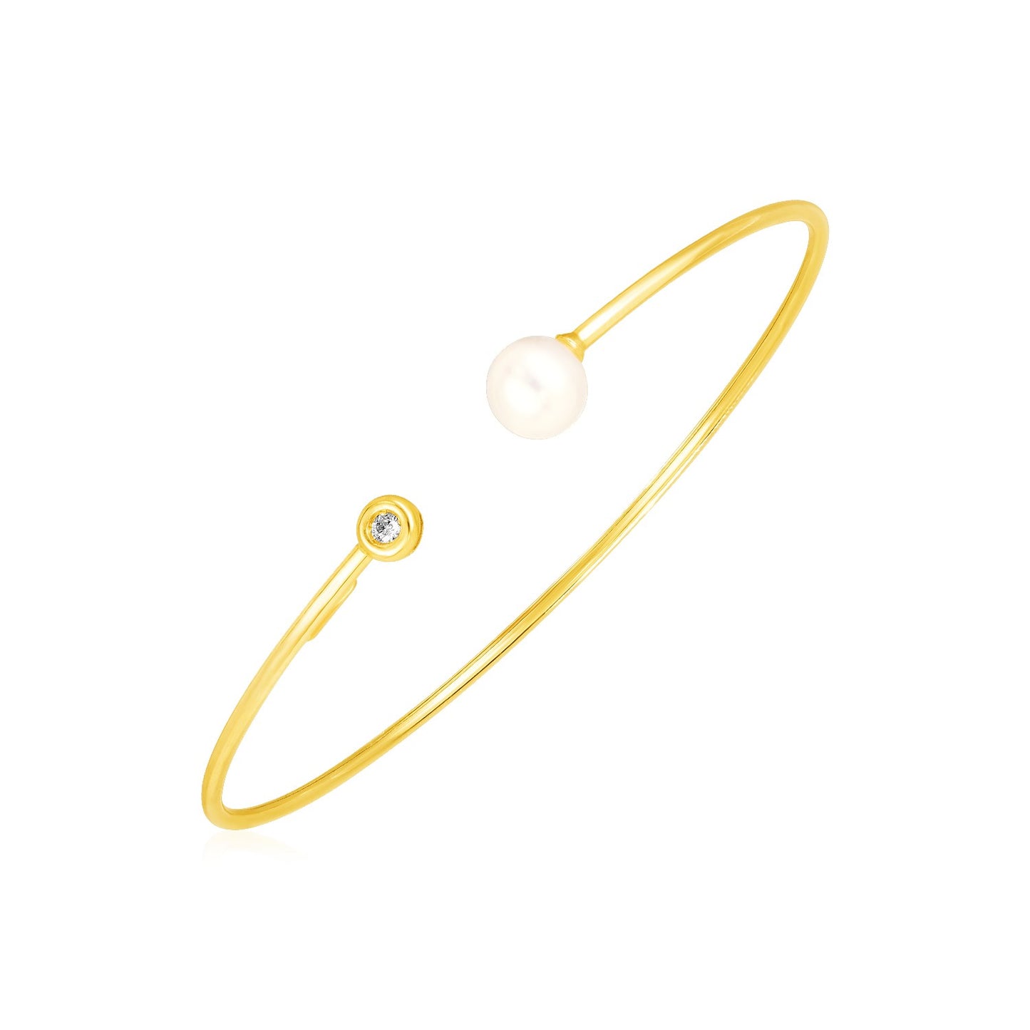 14k Yellow Gold Cuff Bangle with Pearl and Diamond 